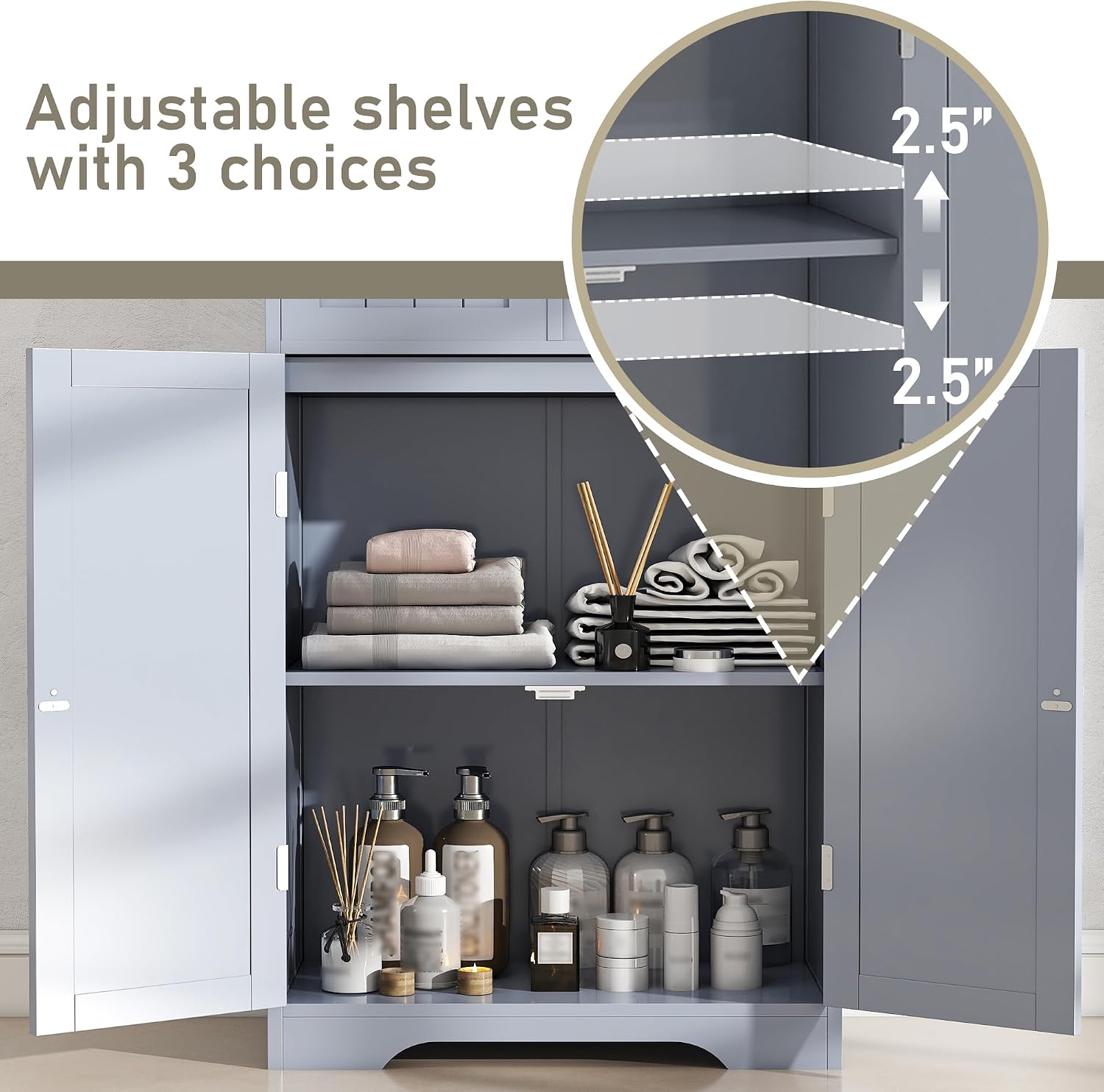 Gray Tall Freestanding Glass Door Storage Cabinet