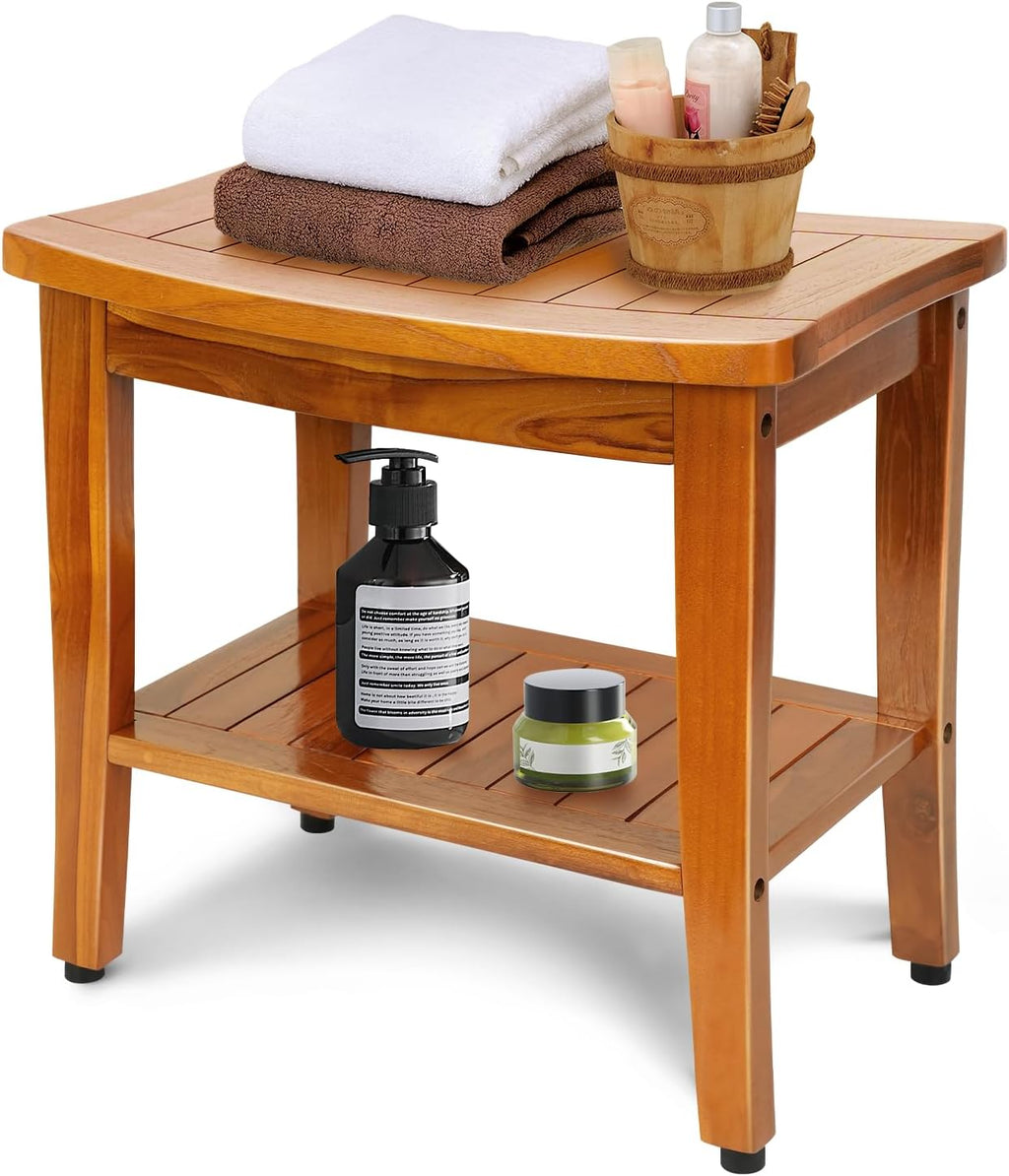 20 Inch Solid Teak Shower Bench With Shelf And Handle