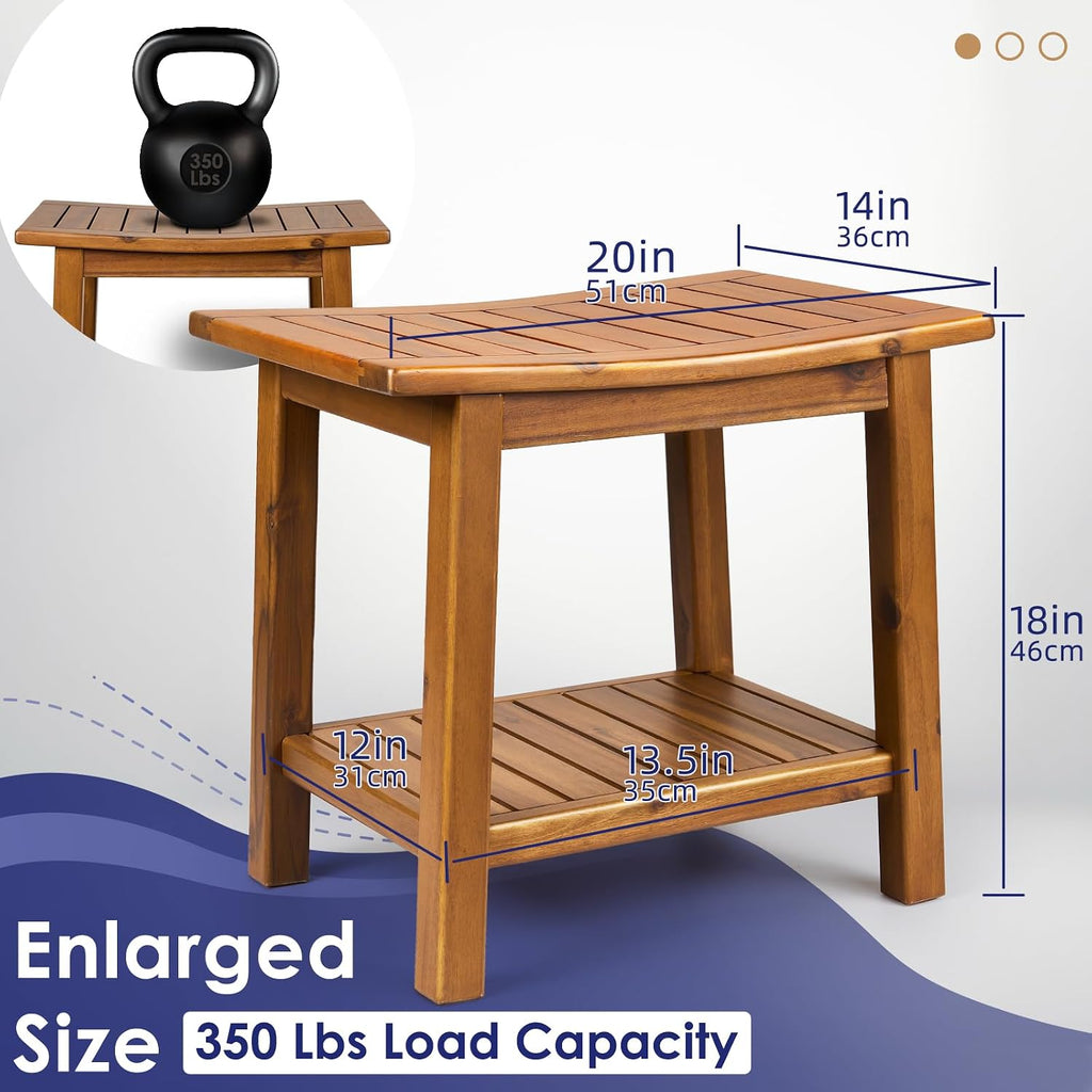20 Inch Solid Teak Waterproof Shower Bench With Storage Shelf