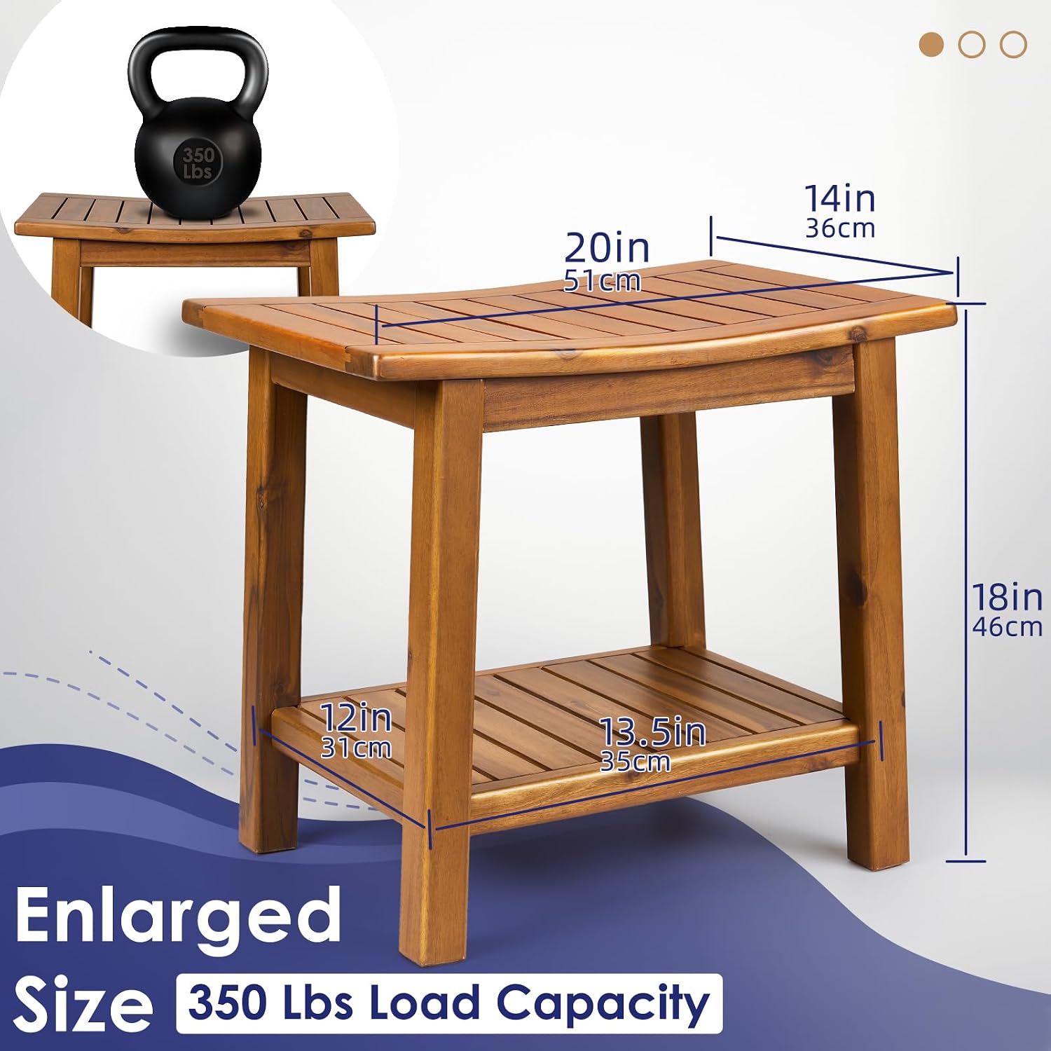 20 Inch Solid Teak Waterproof Shower Bench With Storage Shelf