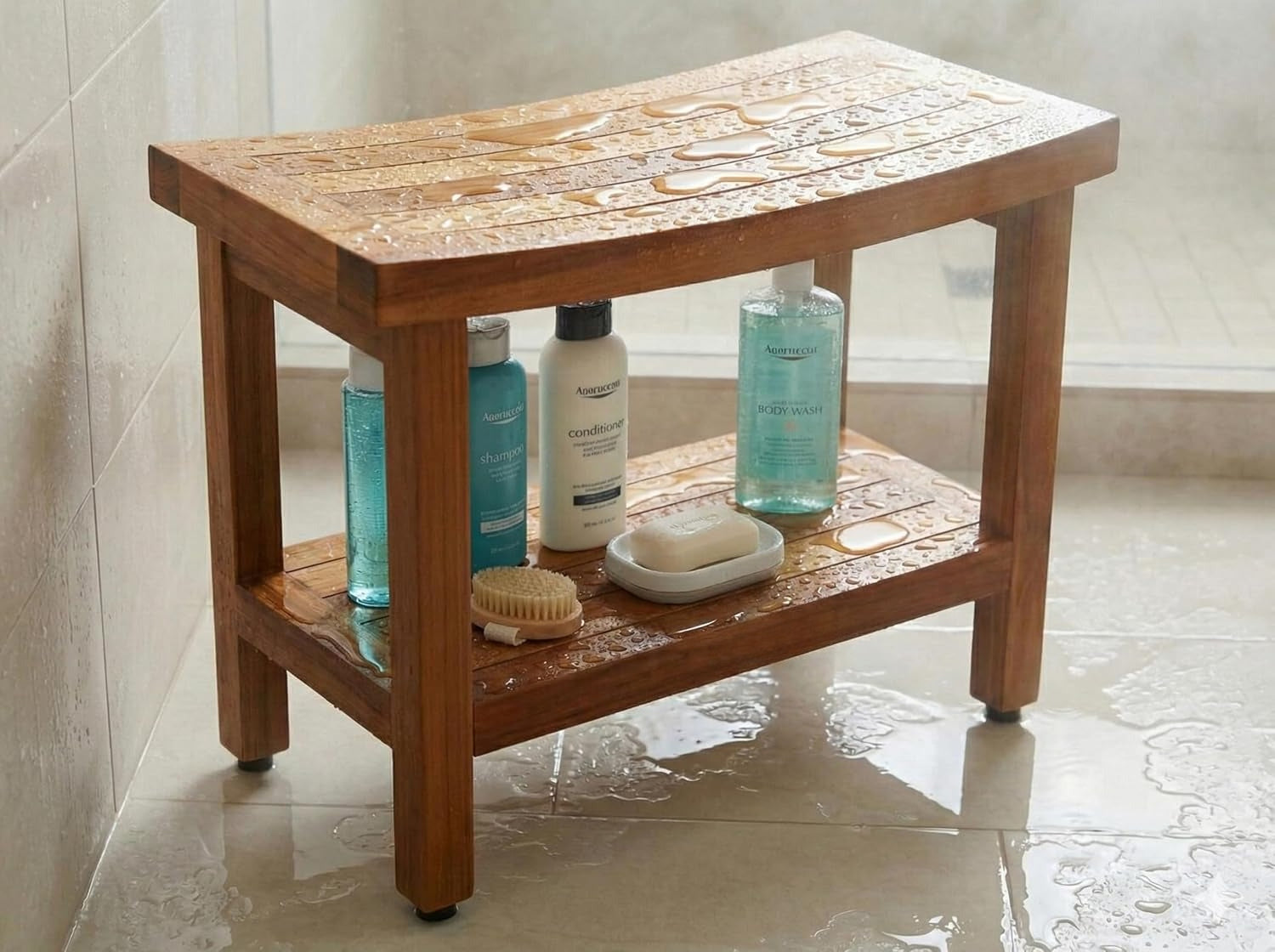 24 Inch Sumba Teak Shower Bench With Shelf