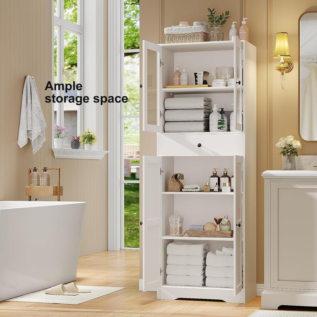 White Freestanding Glass Door Tall Linen Cabinet