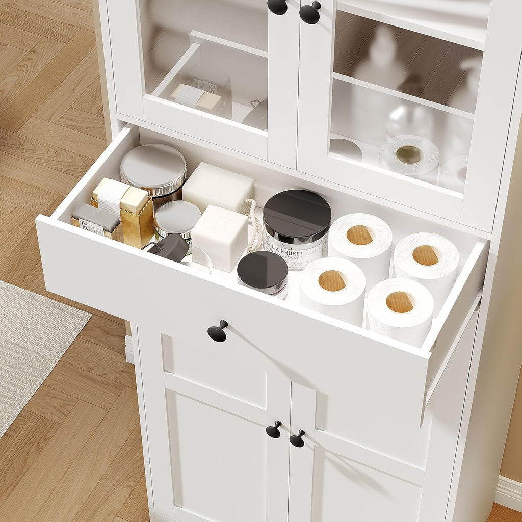 White Freestanding Glass Door Tall Linen Cabinet