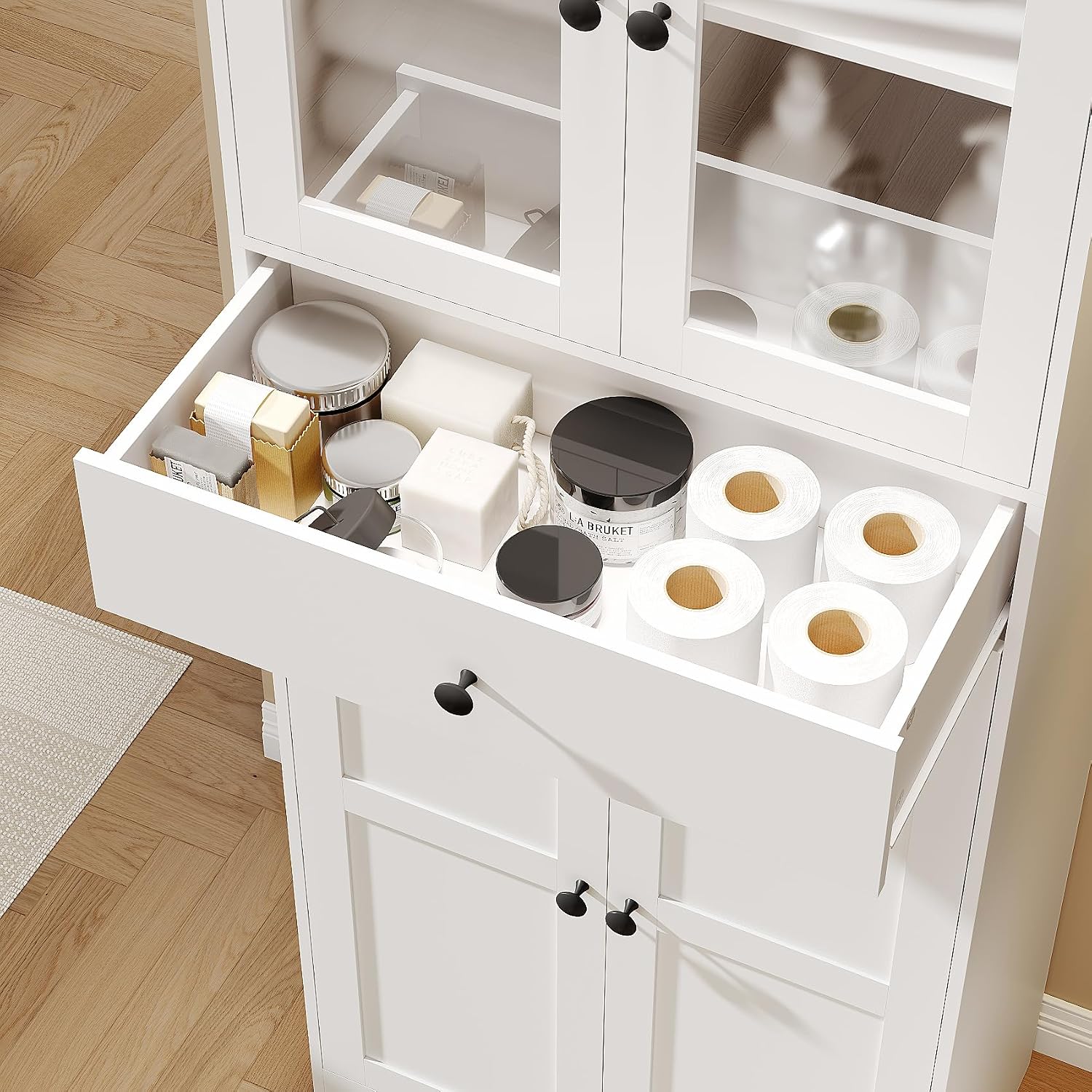 White Freestanding Glass Door Tall Linen Cabinet