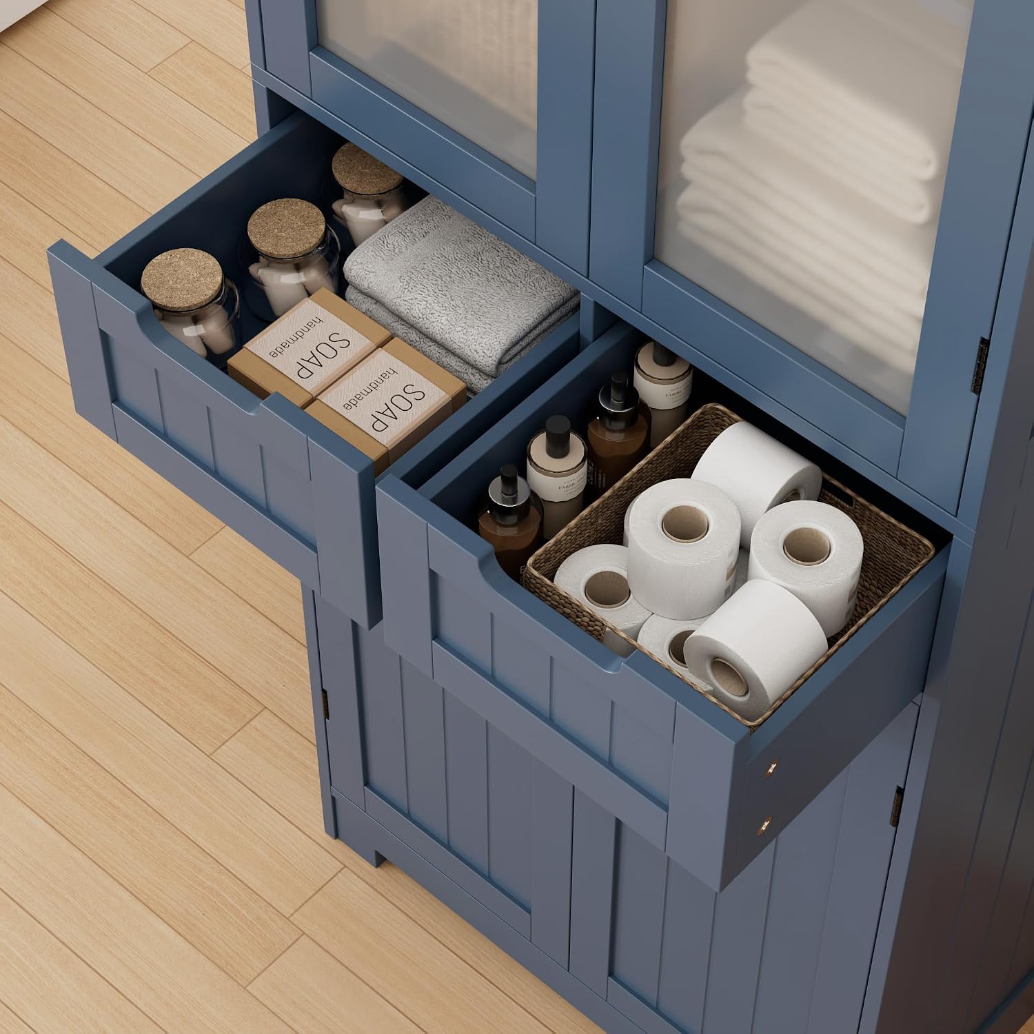 Blue Freestanding Tall Glass Door Linen Cabinet