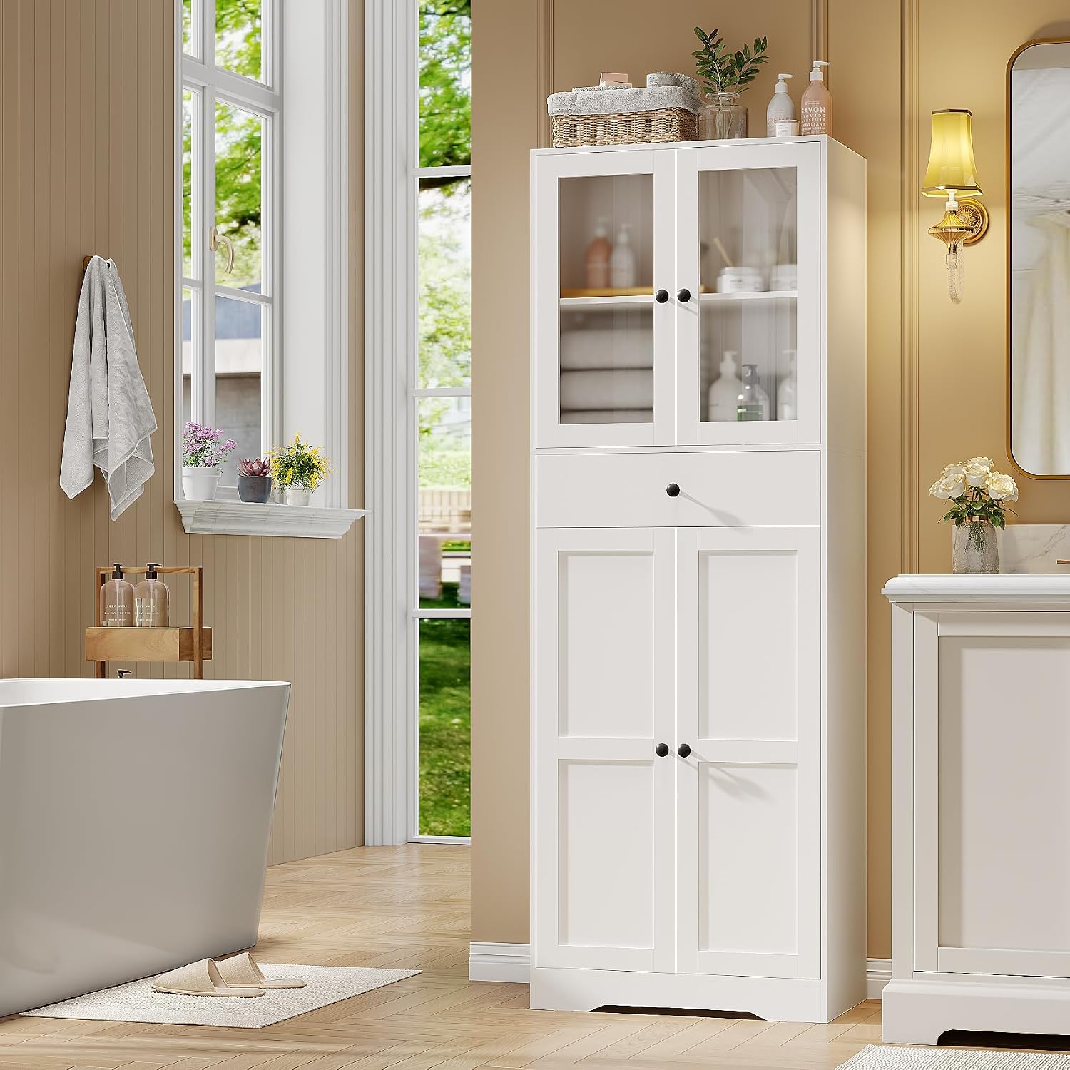 White Freestanding Glass Door Tall Linen Cabinet