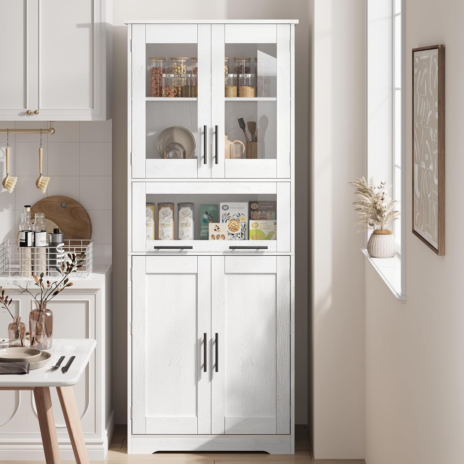 White Freestanding Tall Glass Door Storage Cabinet