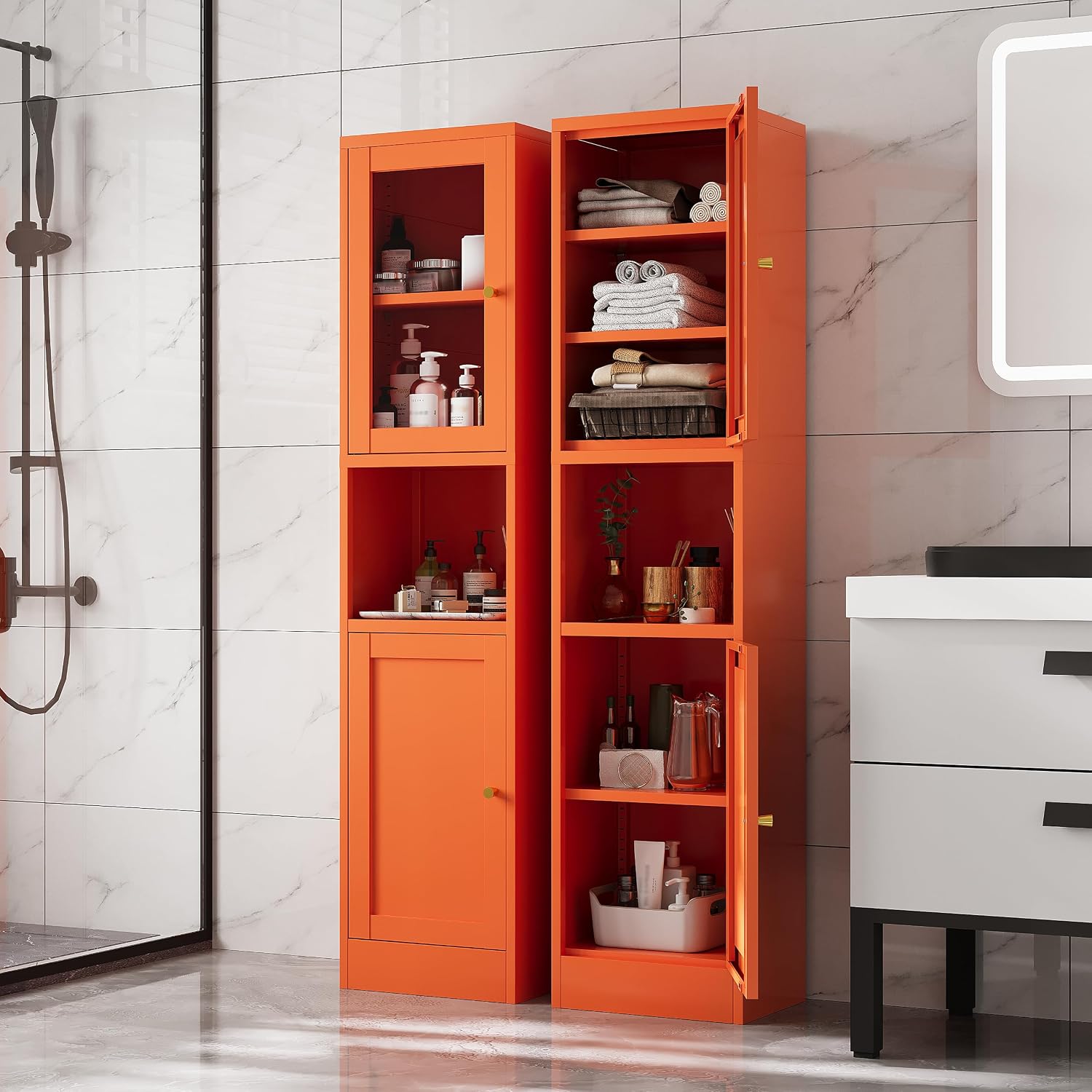 Orange Slim Glass Door Metal Storage Cabinet