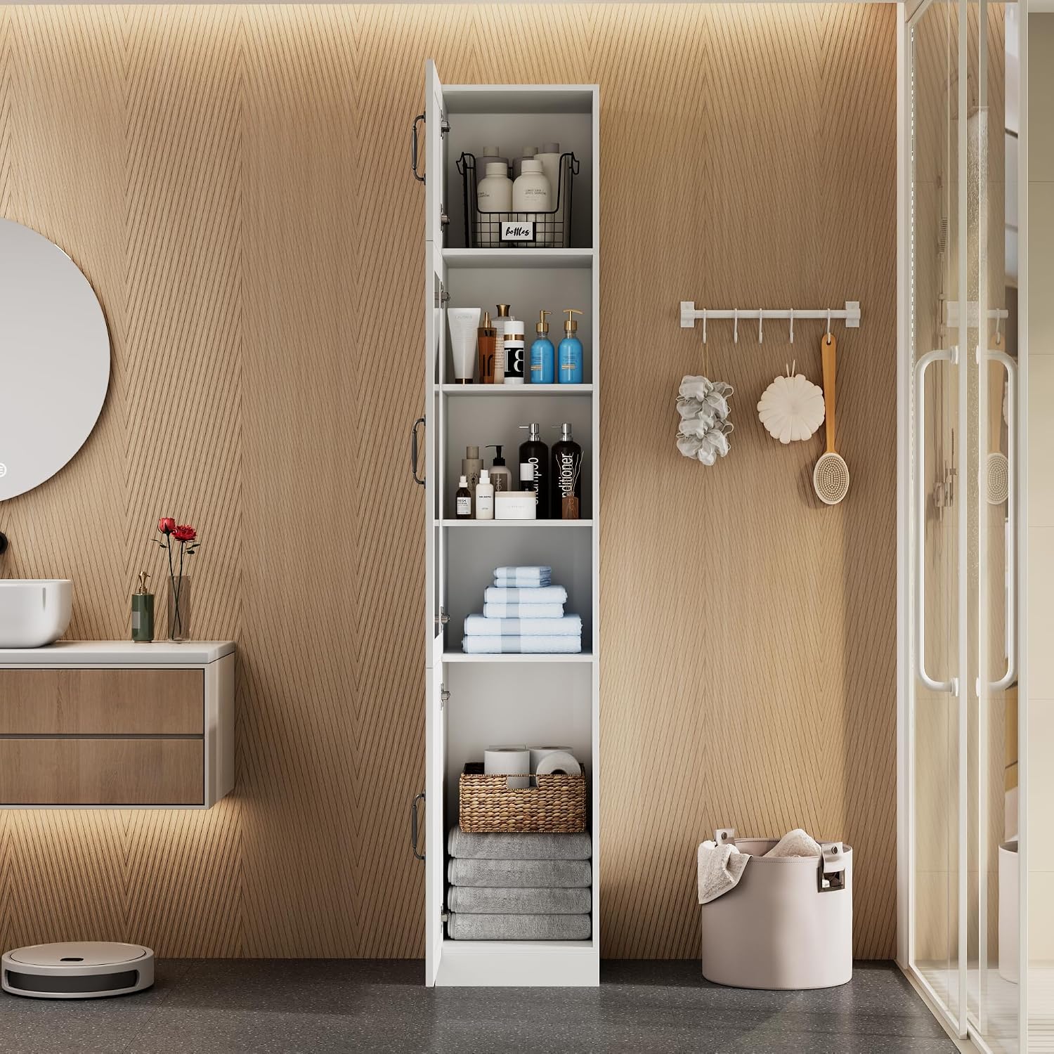 White Tall Narrow Glass Door Freestanding Storage Cabinet