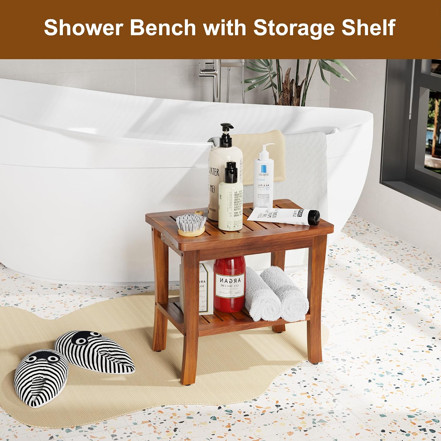 Waterproof Teak Wood Shower Bench With Storage Shelf