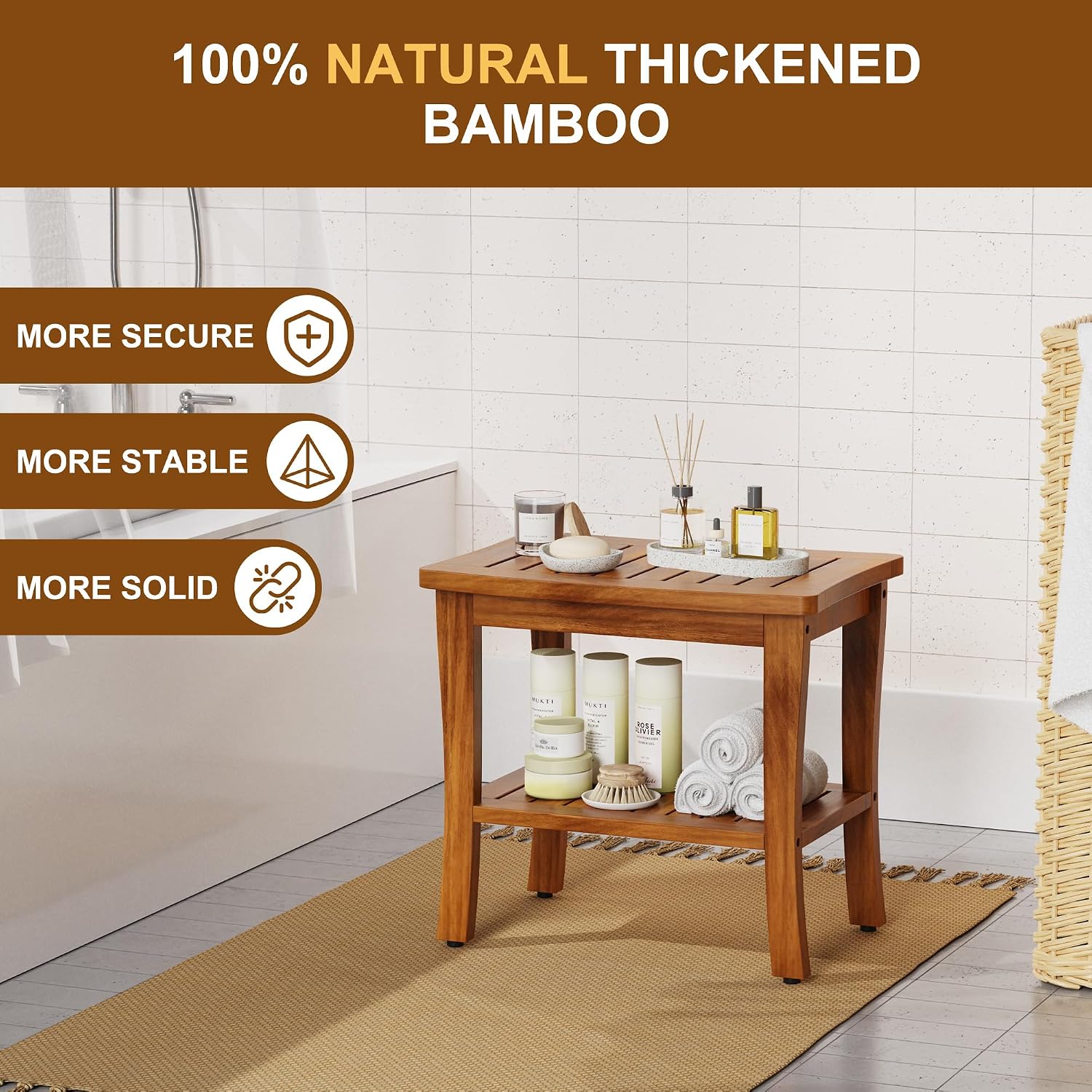 Waterproof Teak Wood Shower Bench With Storage Shelf