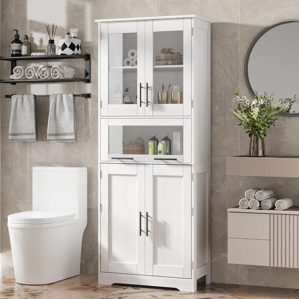 White Freestanding Tall Glass Door Storage Cabinet