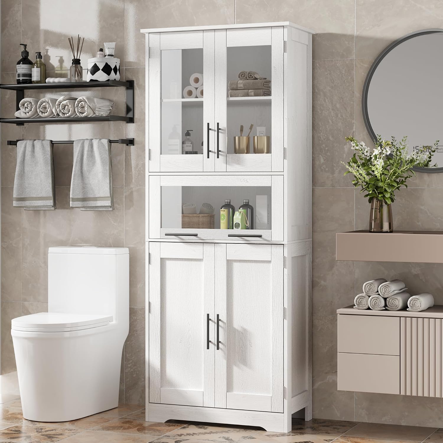 White Freestanding Tall Glass Door Storage Cabinet