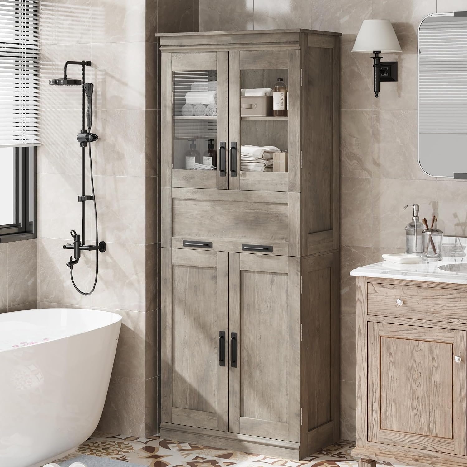 Rustic Freestanding Glass Door Tall Storage Cabinet