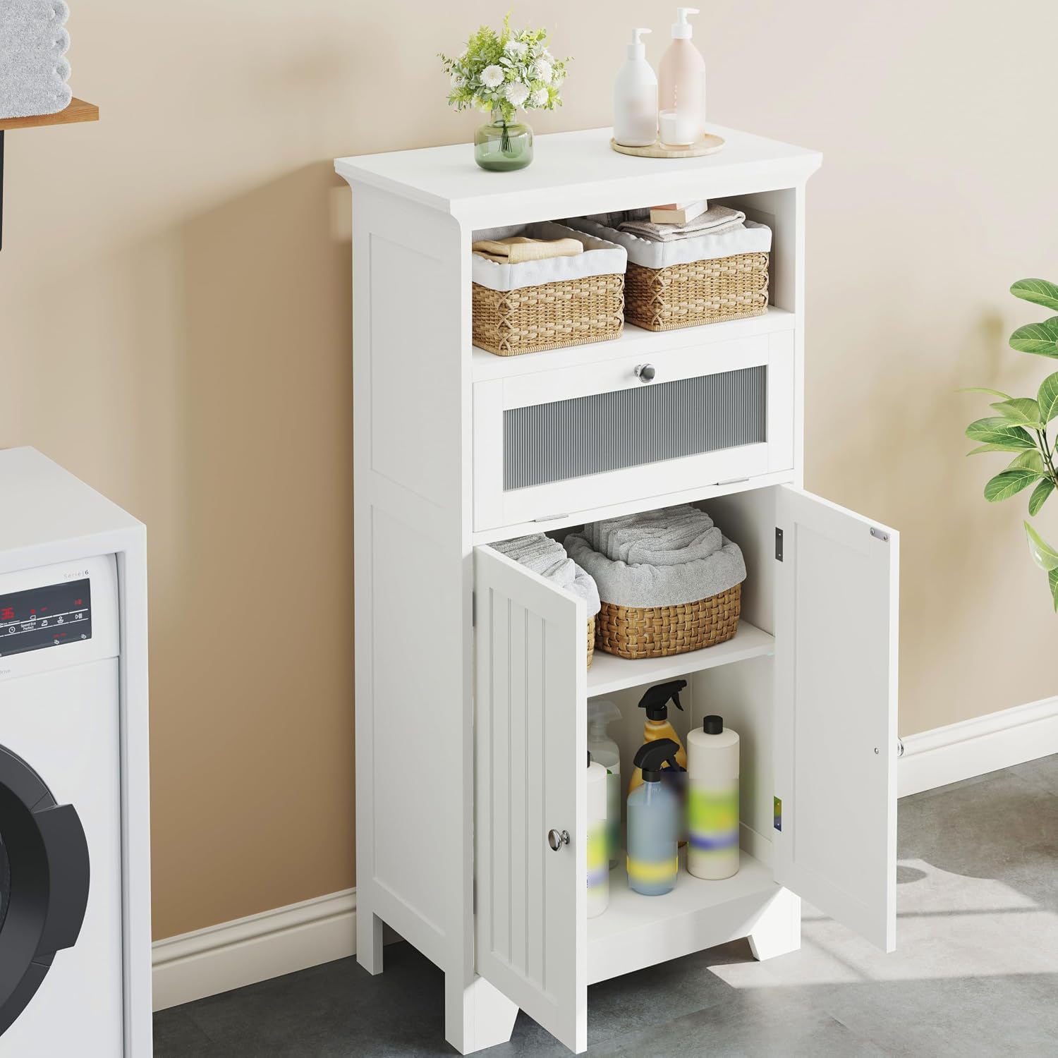 Pure White Freestanding Glass Drawer Storage Cabinet