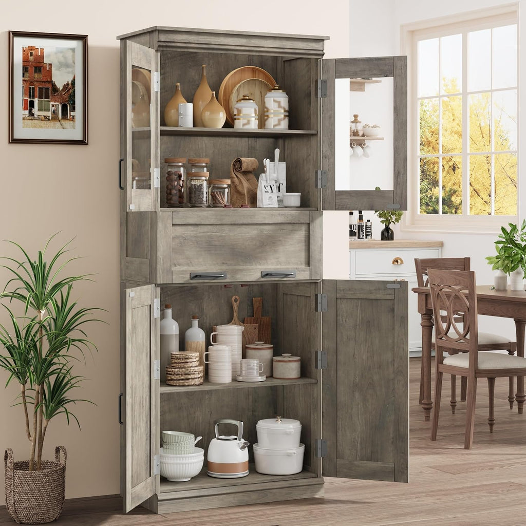 Rustic Freestanding Glass Door Tall Storage Cabinet