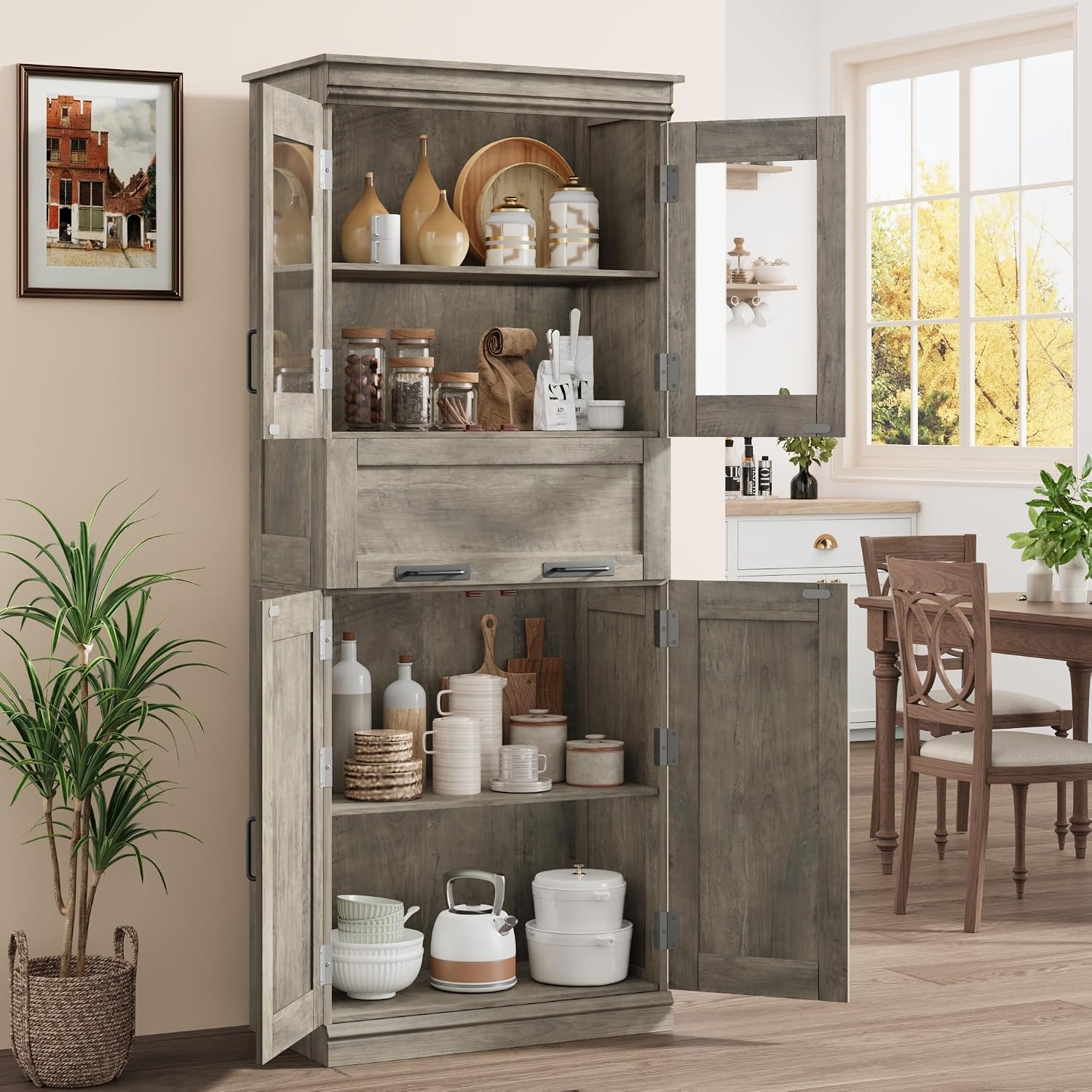 Rustic Freestanding Glass Door Tall Storage Cabinet