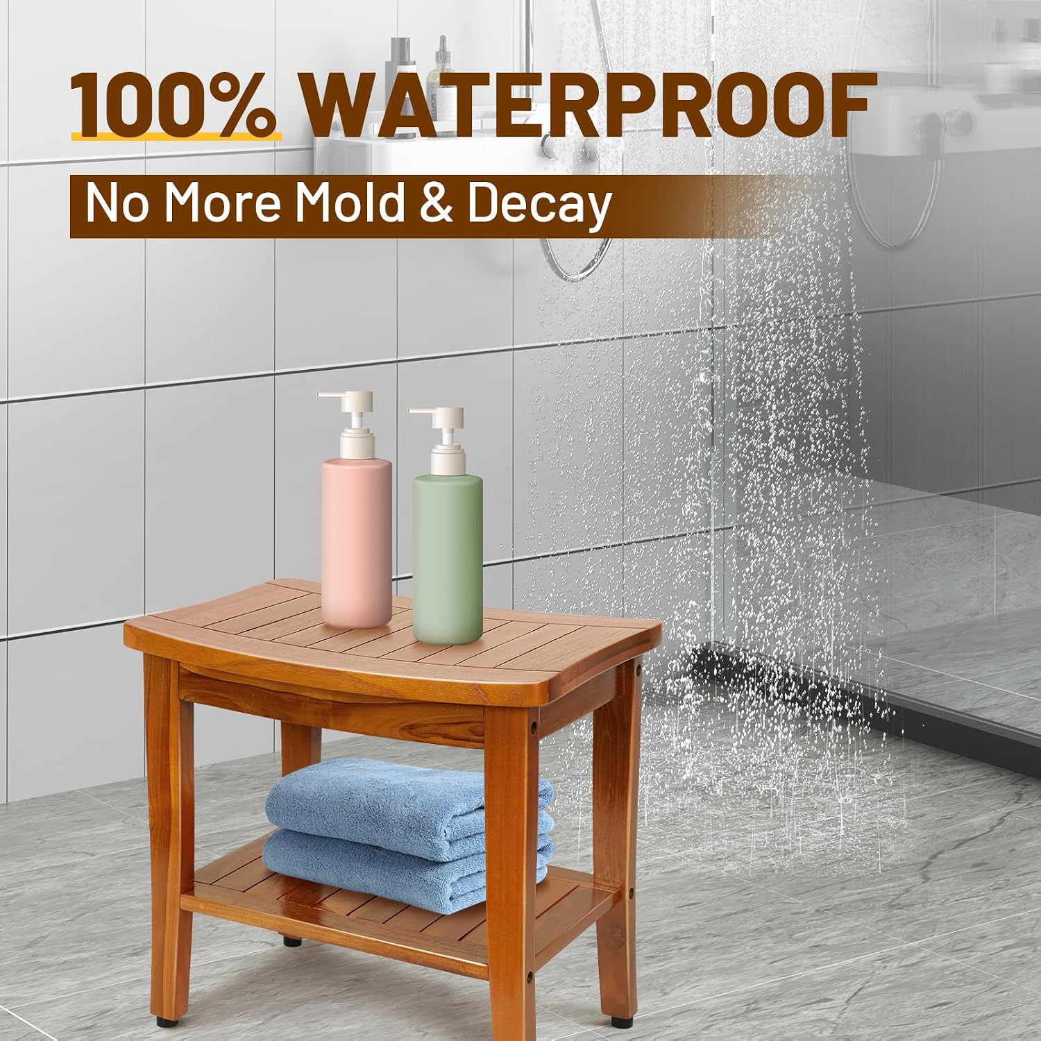 20 Inch Solid Teak Shower Bench With Shelf And Handle
