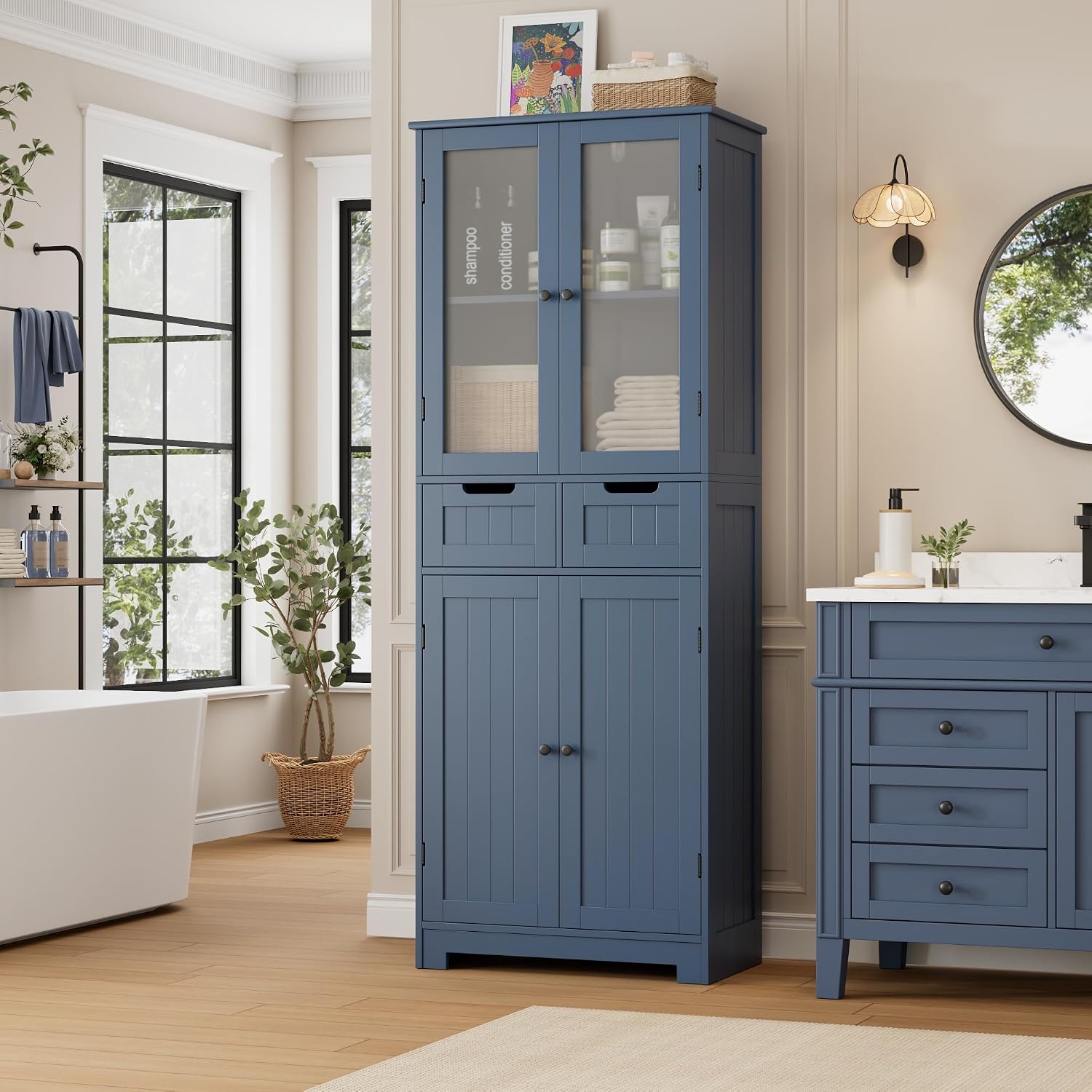 Blue Freestanding Tall Glass Door Linen Cabinet
