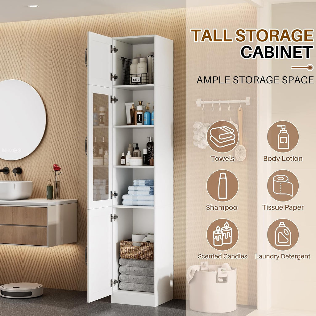 White Tall Narrow Glass Door Freestanding Storage Cabinet