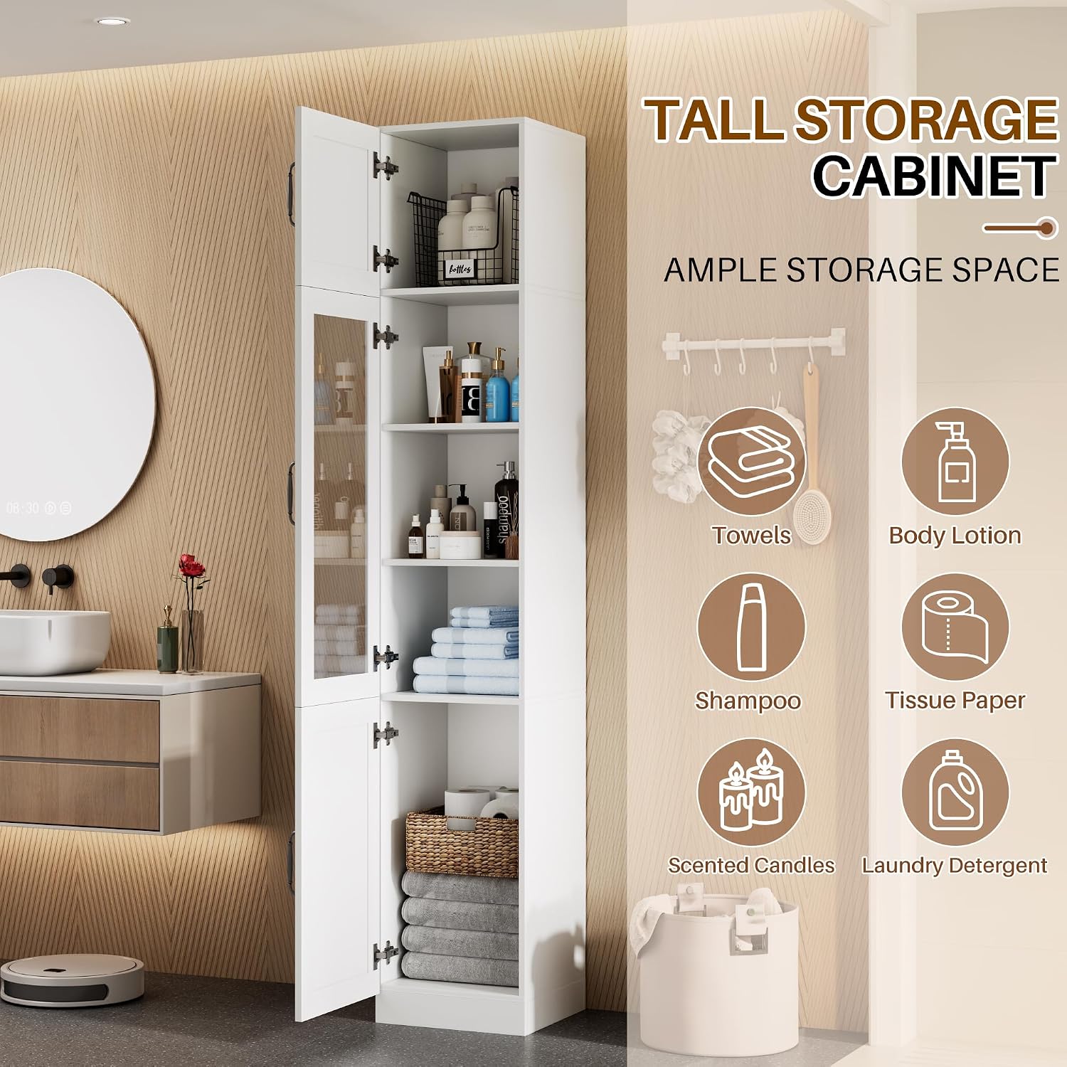 White Tall Narrow Glass Door Freestanding Storage Cabinet