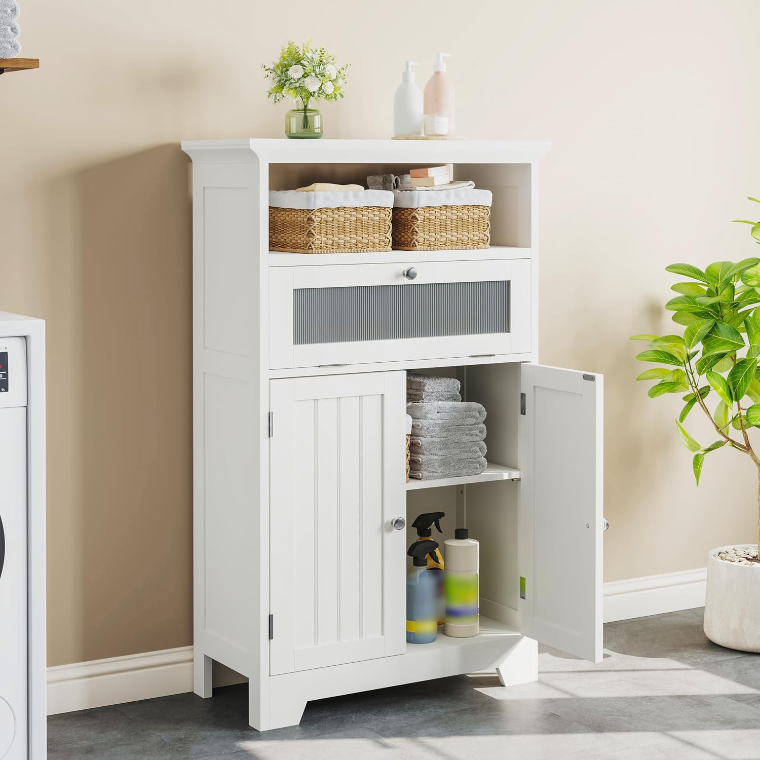 Pure White Freestanding Glass Drawer Storage Cabinet