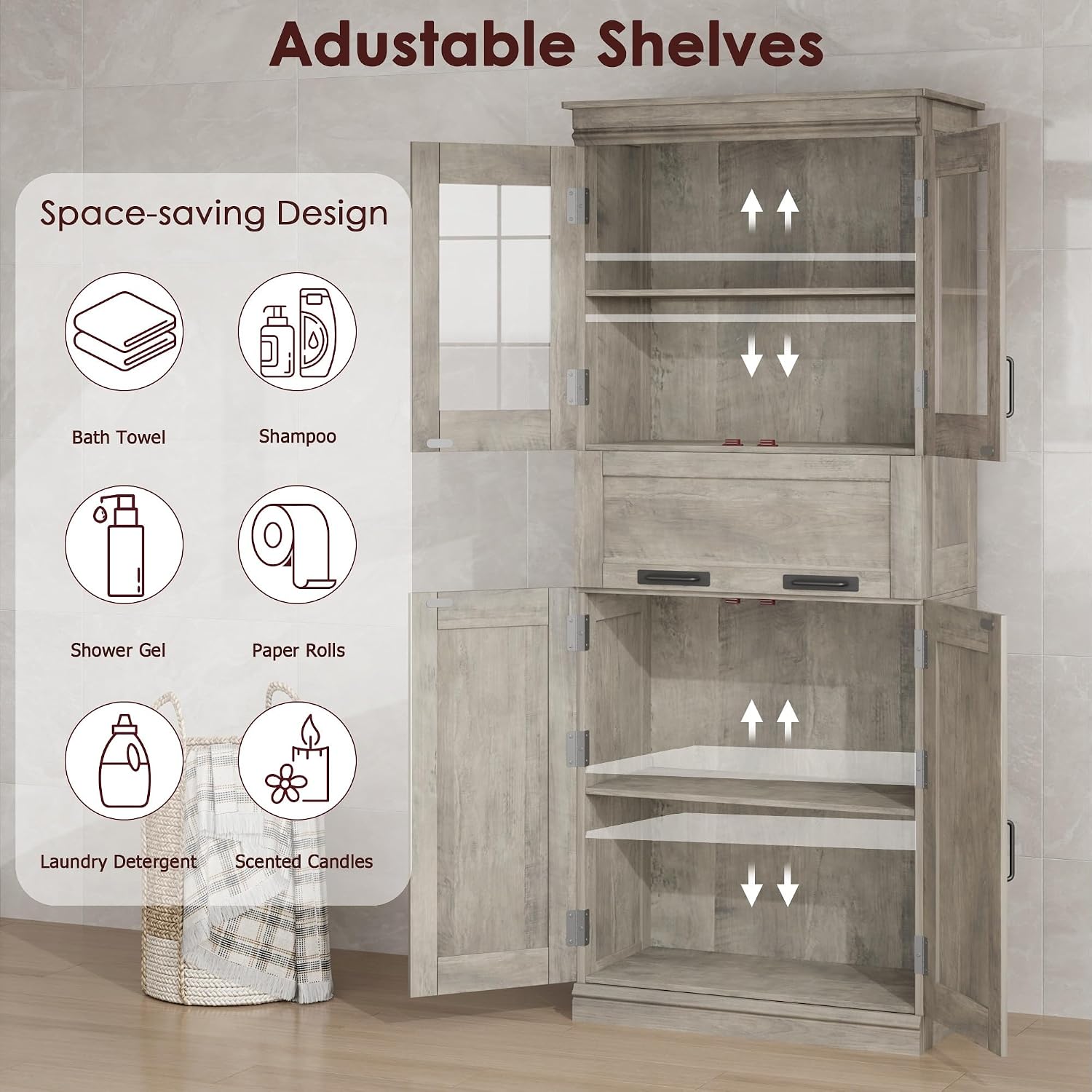 Rustic Freestanding Glass Door Tall Storage Cabinet