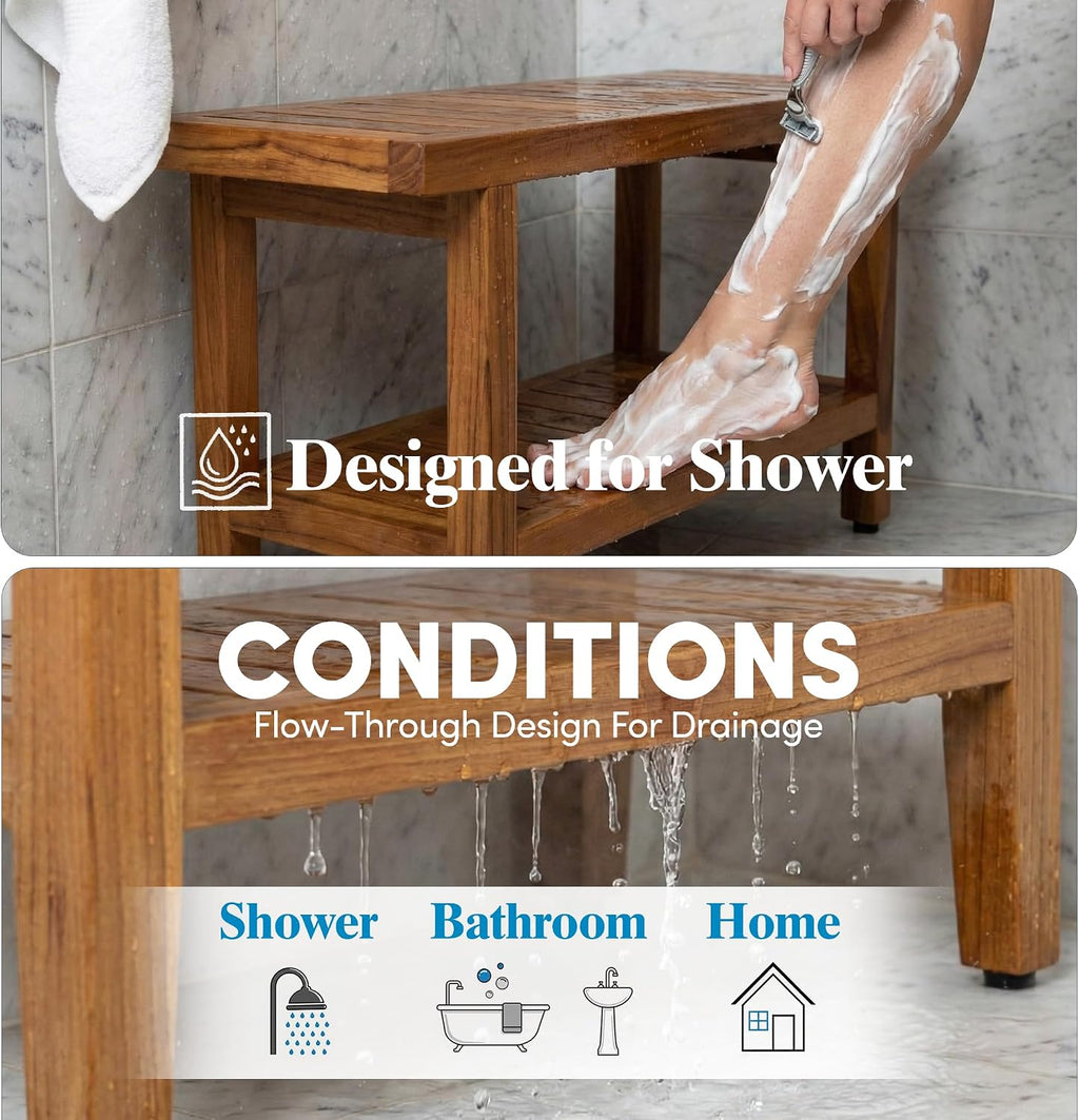 36 Inch Spa Teak Shower Bench With Storage Shelf