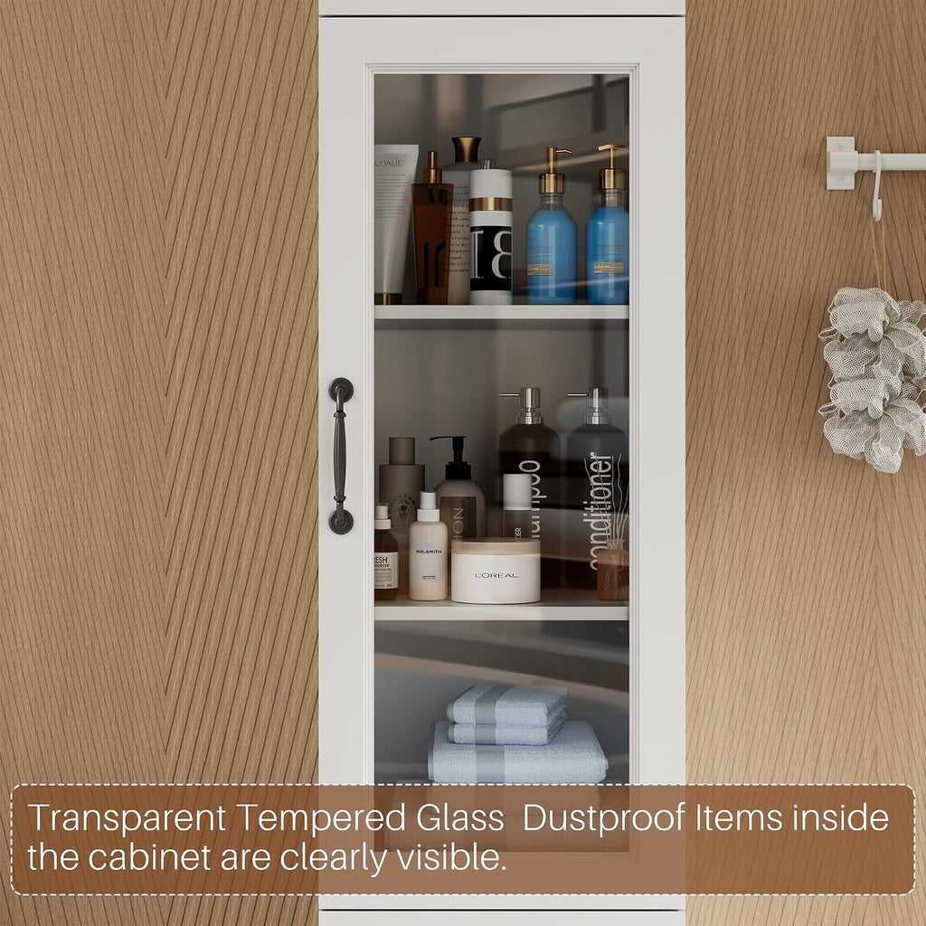 White Tall Narrow Glass Door Freestanding Storage Cabinet