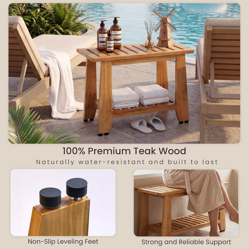 24 Inch Heavy Duty Teak Shower Bench With Storage Shelf