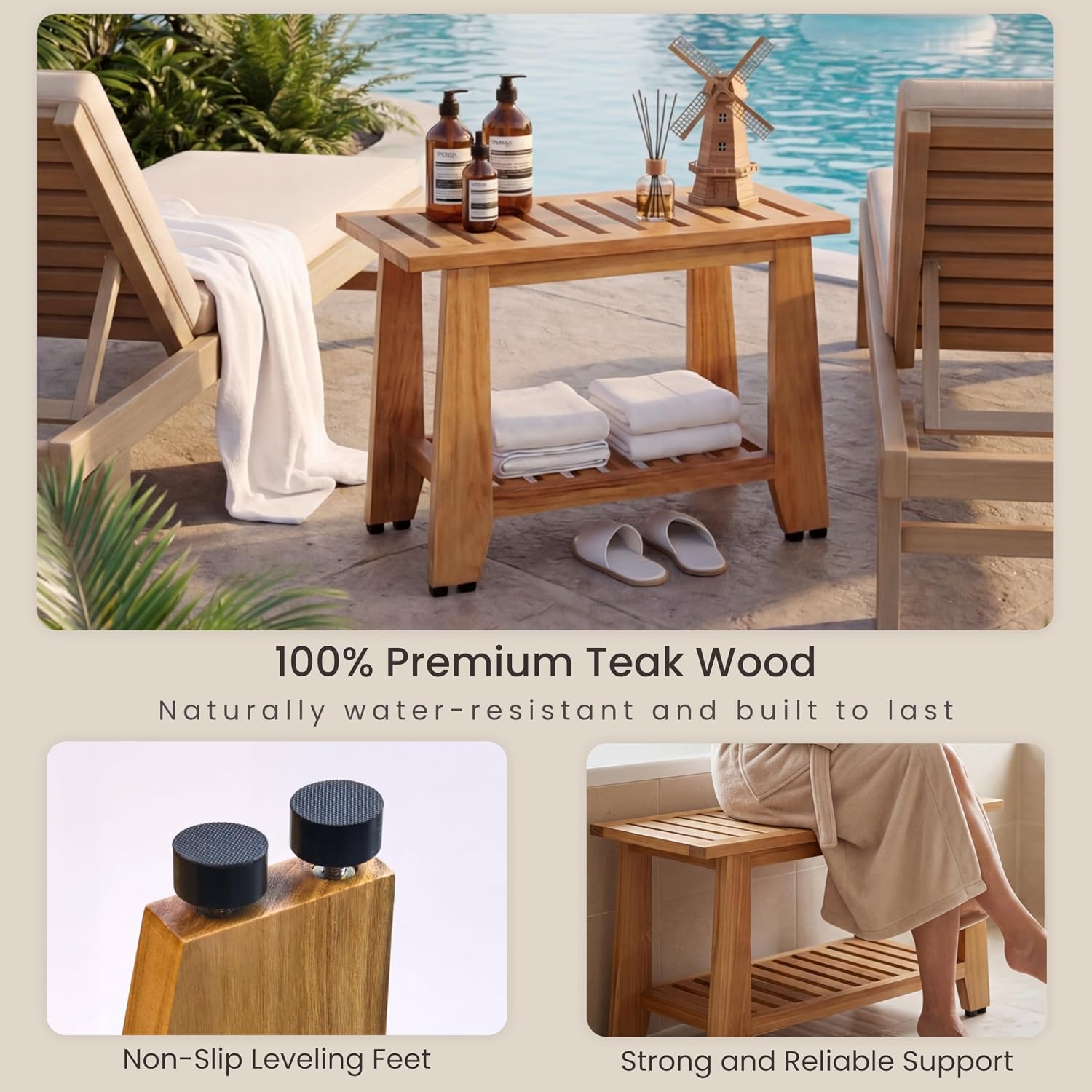 24 Inch Heavy Duty Teak Shower Bench With Storage Shelf