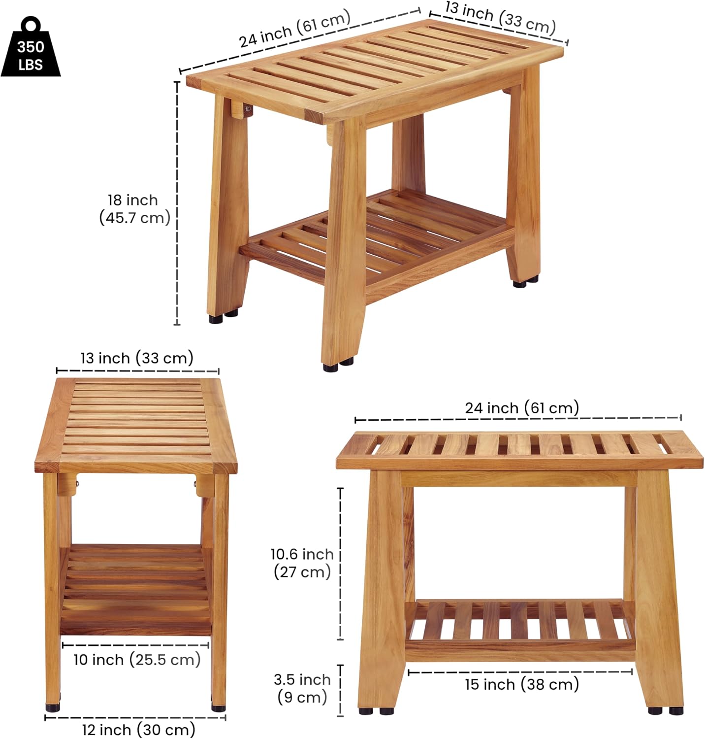 24 Inch Heavy Duty Teak Shower Bench With Storage Shelf