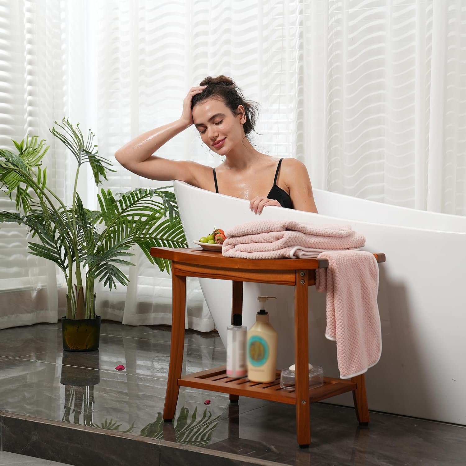 22 Inch Teak Shower Bench With Handles And Storage Shelf