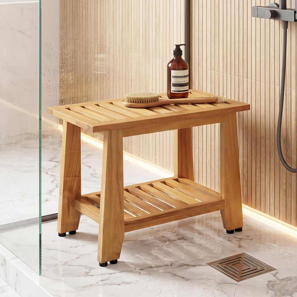 24 Inch Heavy Duty Teak Shower Bench With Storage Shelf