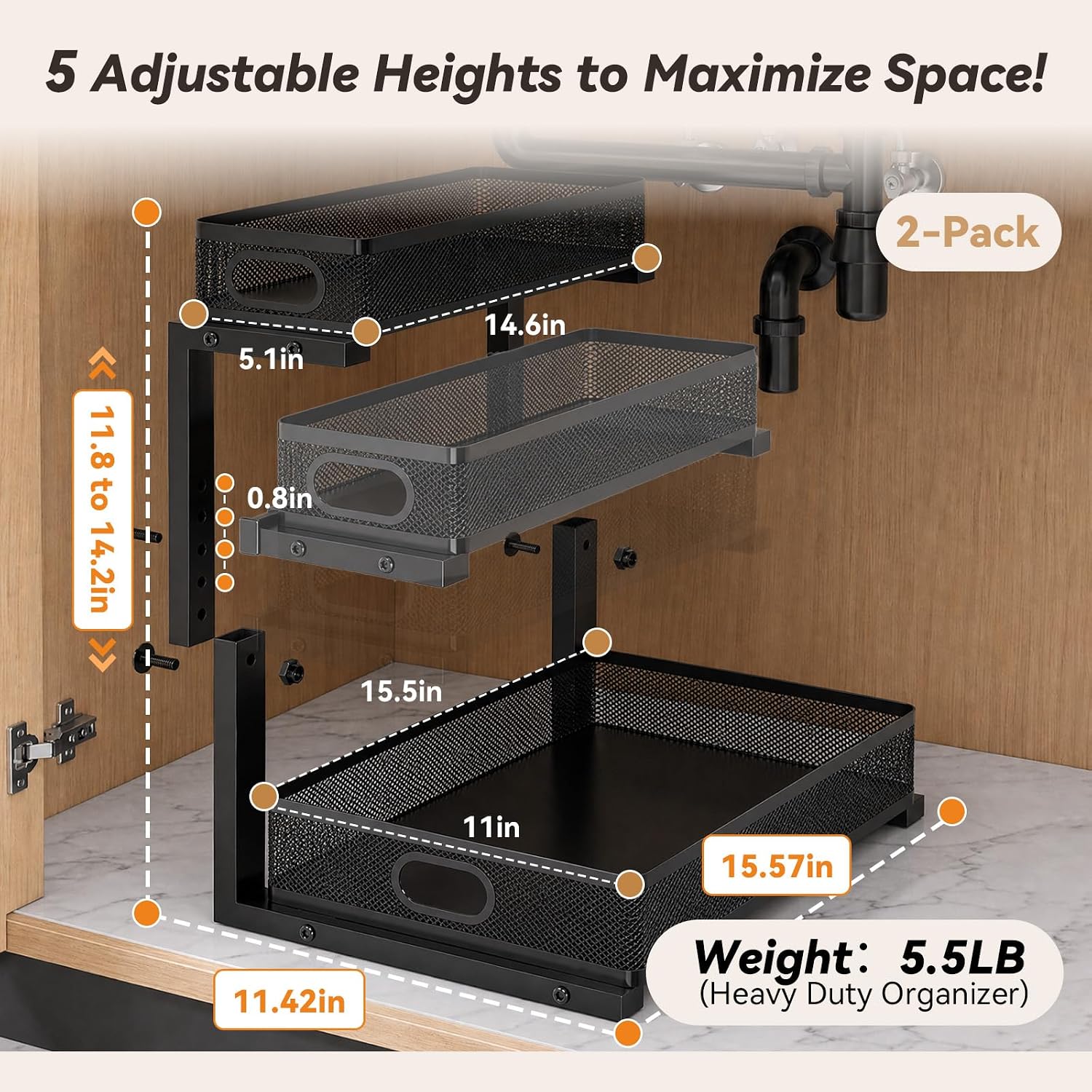 3-Tier Black Metal Under Sink Organizer