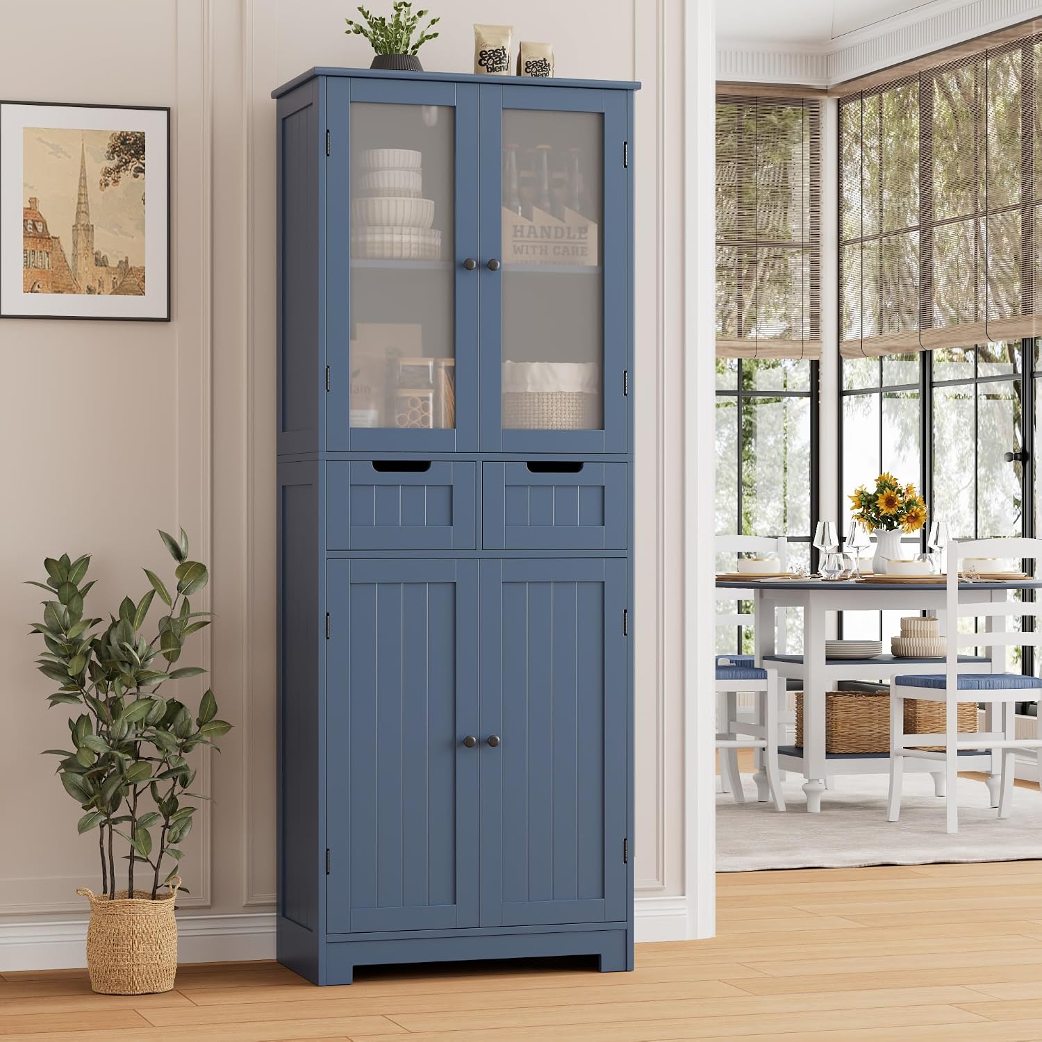 Blue Freestanding Tall Glass Door Linen Cabinet