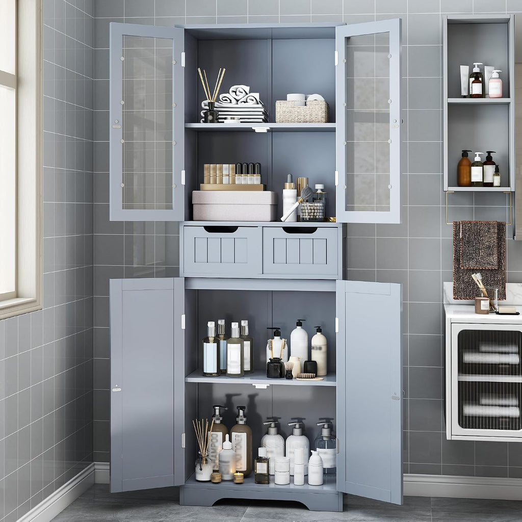 Gray Tall Freestanding Glass Door Storage Cabinet