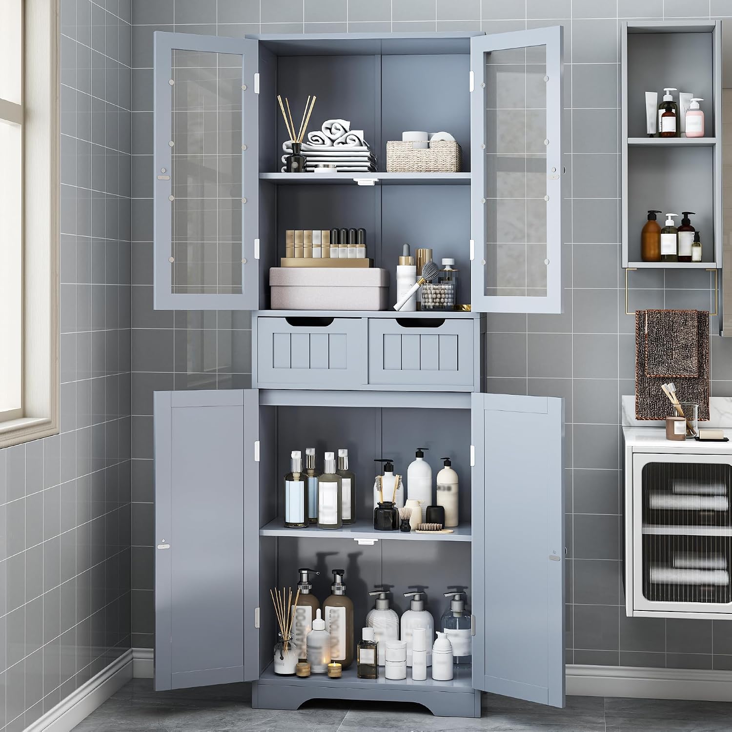 Gray Tall Freestanding Glass Door Storage Cabinet