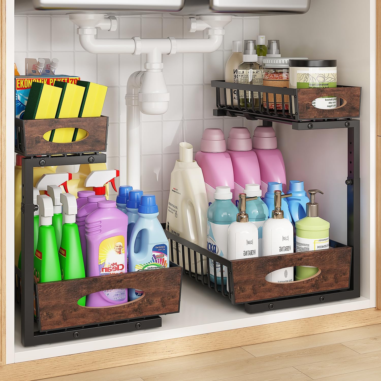 Wooden Handle 2-Tier Under Sink Organizer