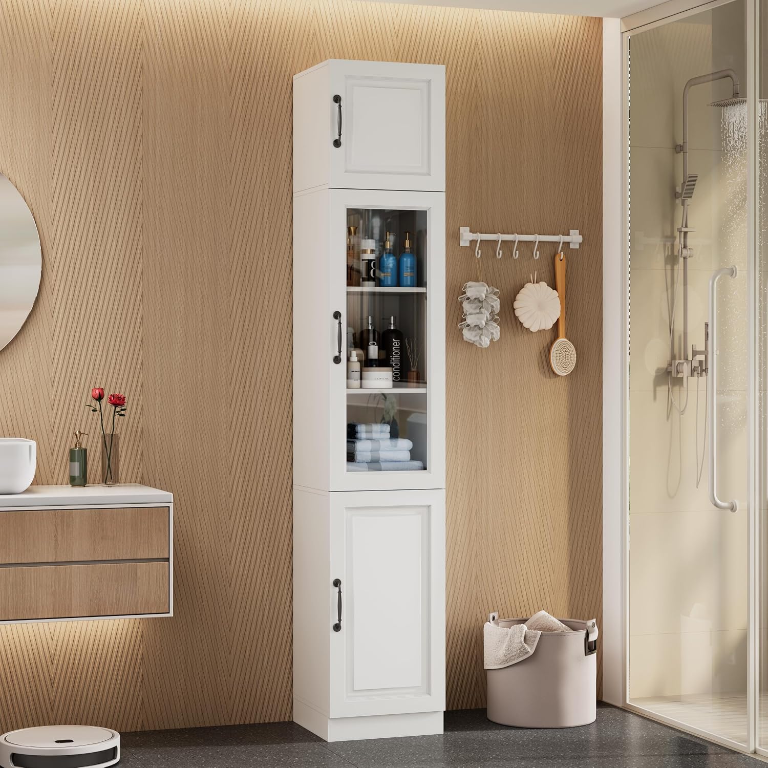 White Tall Narrow Glass Door Freestanding Storage Cabinet