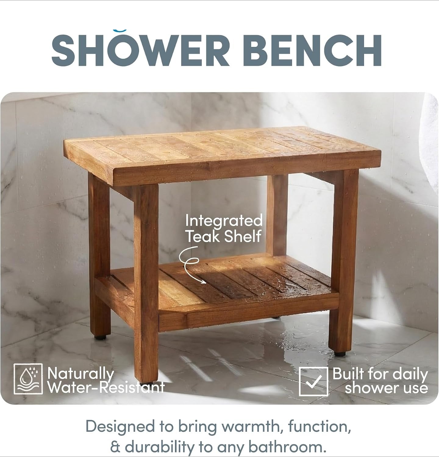 24 Inch Spa Teak Shower Bench With Storage Shelf